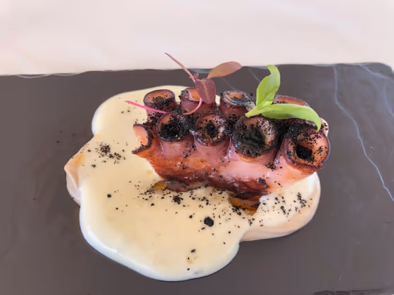 Pulpo al grill sobre patata cremosa con sal de carbón