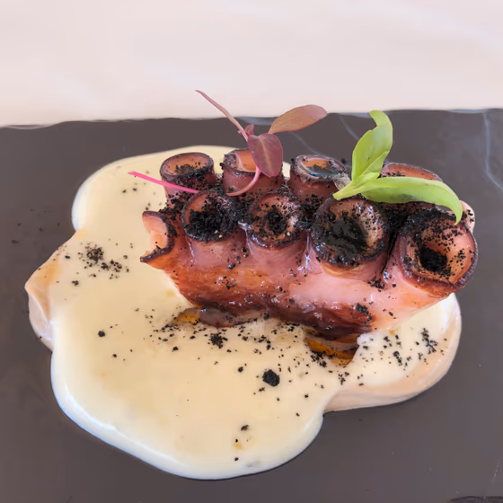 Pulpo al grill sobre patata cremosa con sal de carbón