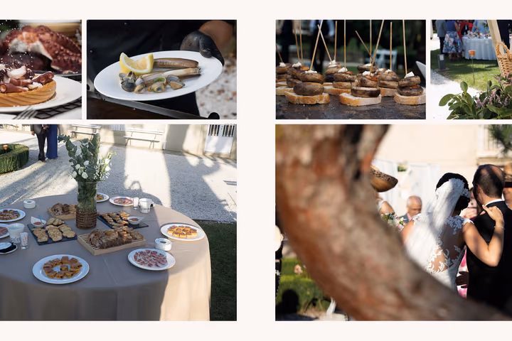 Mesa de aperitivos de boda con pulpo á feira y pinchos variados servidos por Sens Restauración
