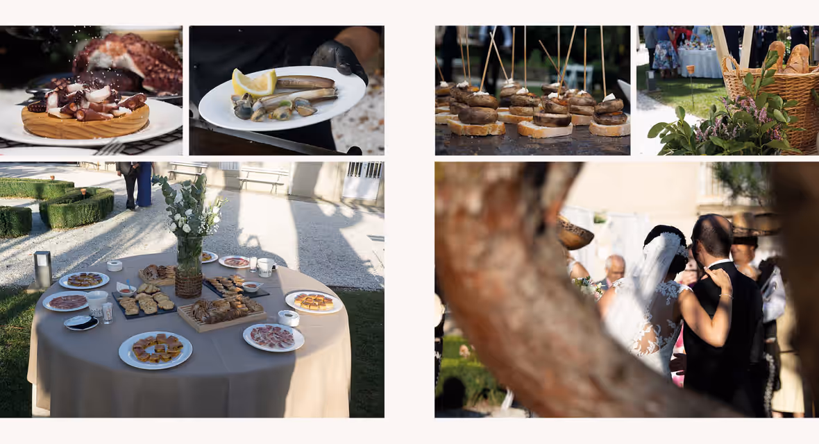 Mesa de aperitivos de boda con pulpo á feira y pinchos variados servidos por Sens Restauración
