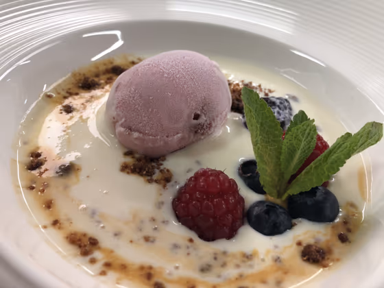 Sopa fría de chocolate blanco con frutos del bosque y helado de fresón